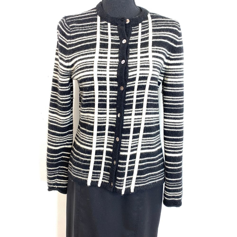Deane & White Lambswool Black White Striped‎ Button Front Cardigan Small